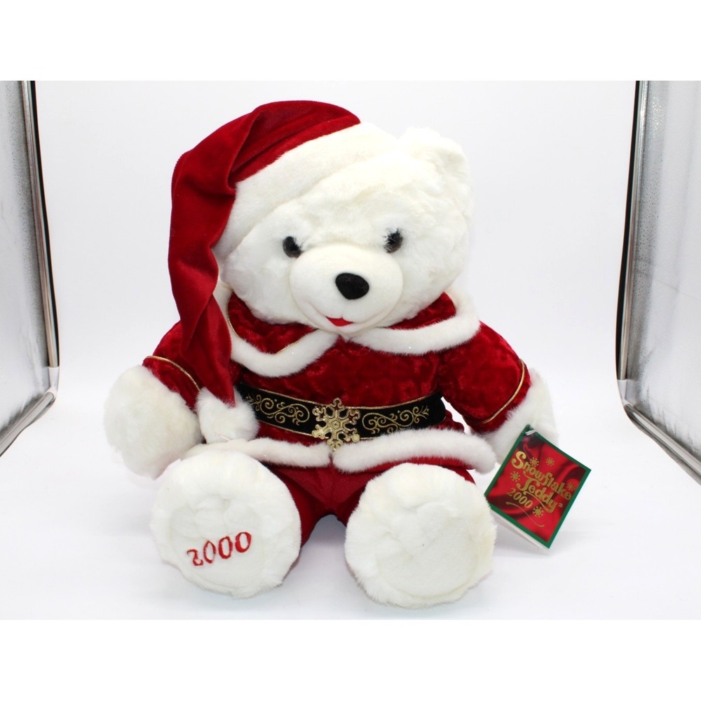 VTG 2000 Snowflake White Teddy Christmas Bear Plush 18"  NWT Red Santa Suit